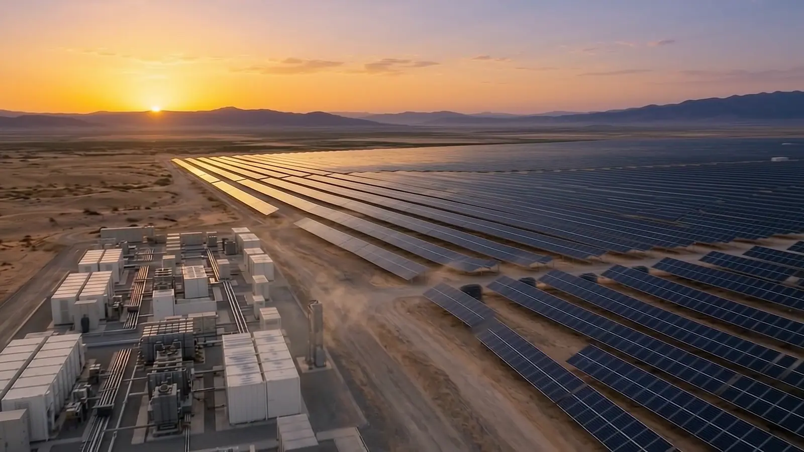 Aerial view of a utility-scale solar farm and battery storage yard in the desert at sunrise