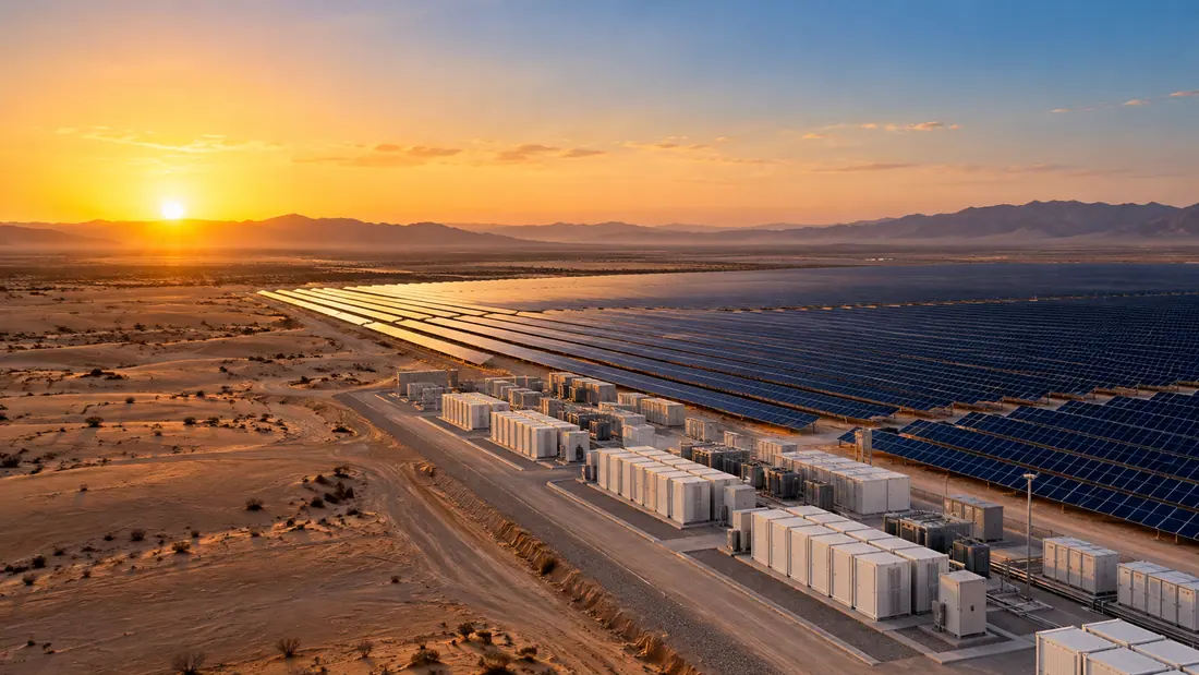 Utility-scale solar farm and battery storage facility in a desert landscape at sunrise
