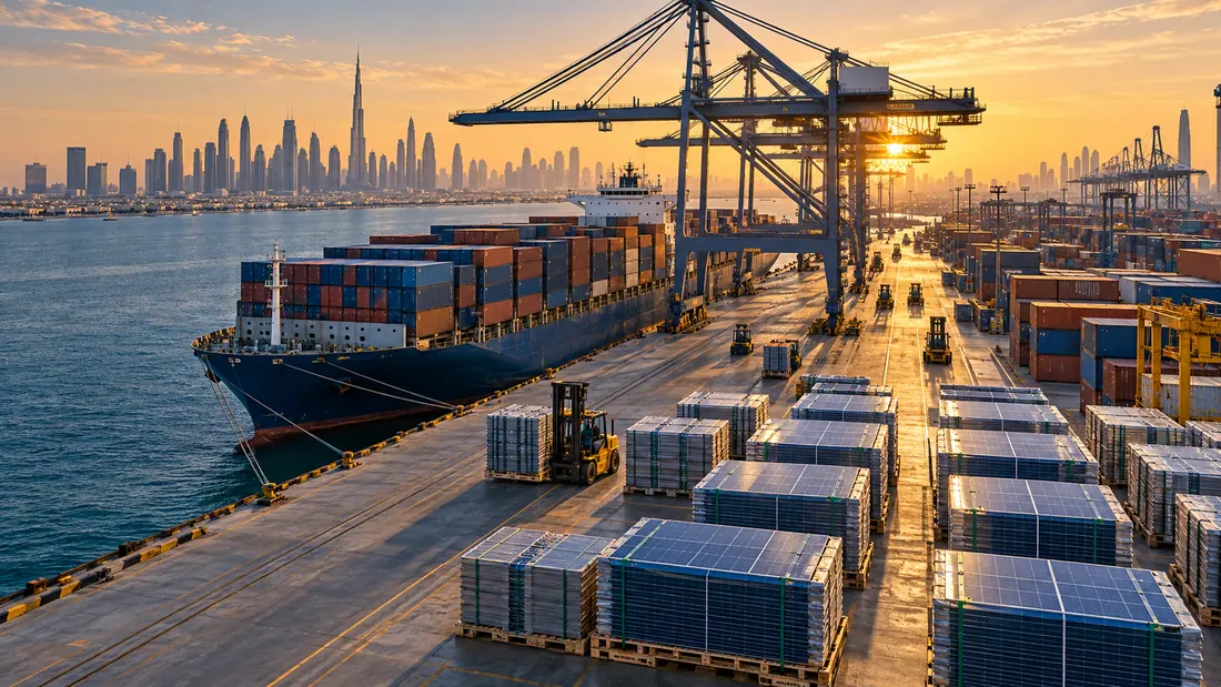 Solar module shipments being handled at a major Gulf container port