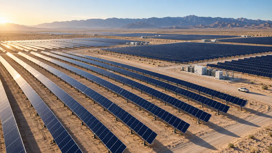 Rows of single-axis tracker solar panels across an arid utility-scale site