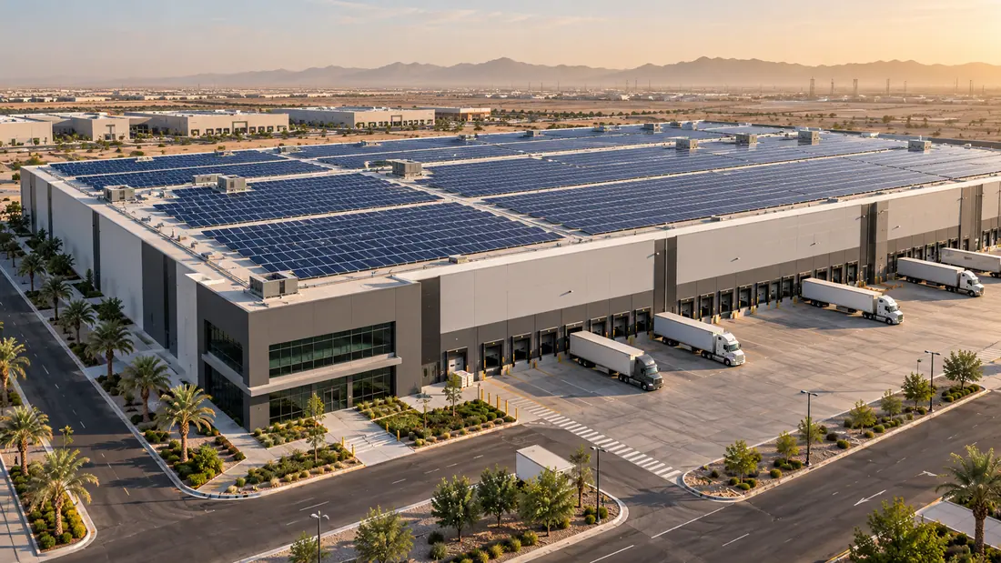 Large distribution warehouse with an extensive rooftop solar installation