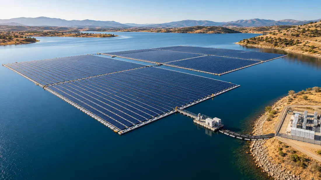 Large floating solar array installed on a reservoir in a dry region