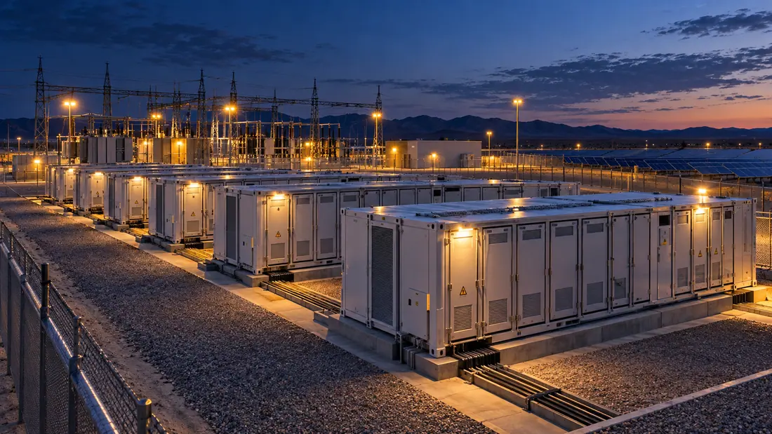 Grid-scale containerised battery energy storage facility beside a substation at dusk