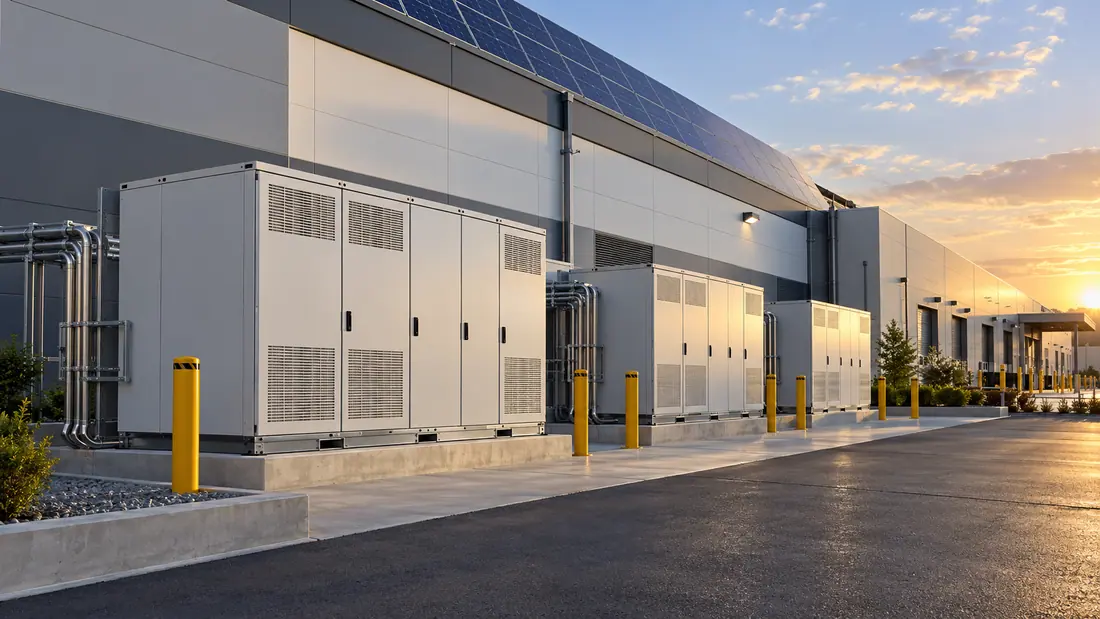 Outdoor modular battery cabinets installed beside a solar-powered industrial building