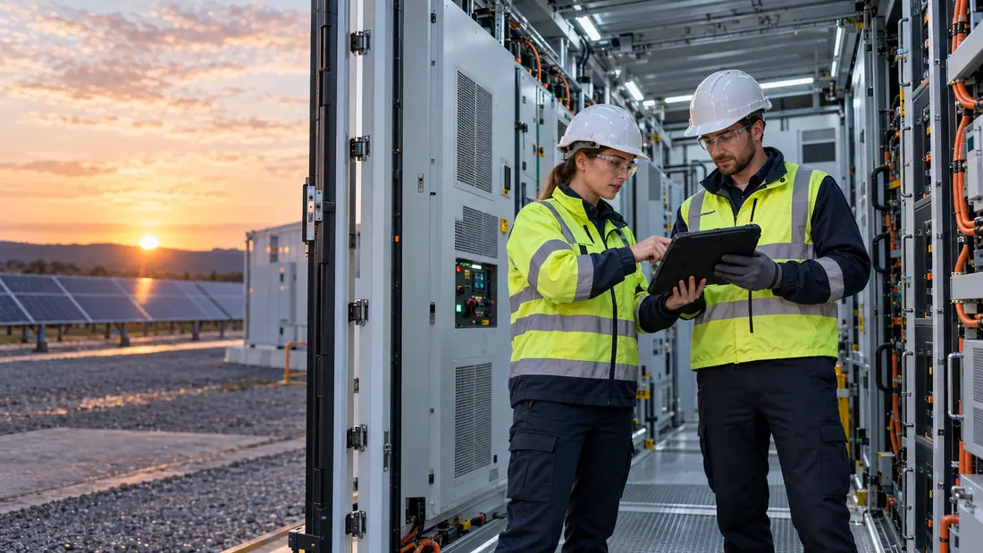 Engineers commissioning a containerised battery energy storage system