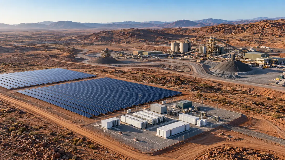 Solar and battery microgrid supplying a remote industrial site in an arid landscape