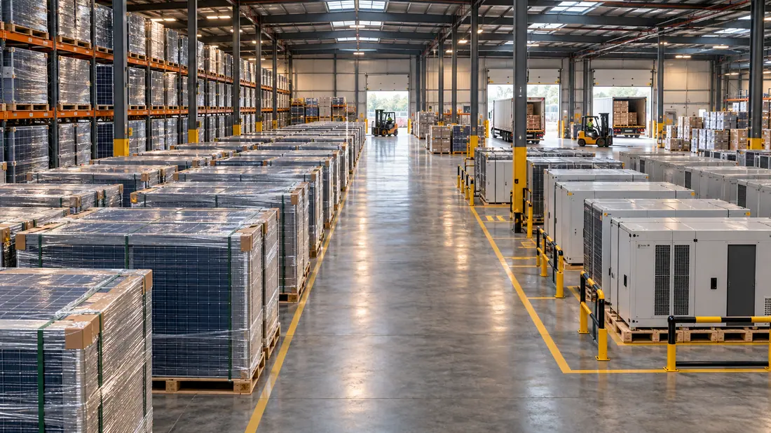 Solar module and battery inventory inside a bonded logistics warehouse