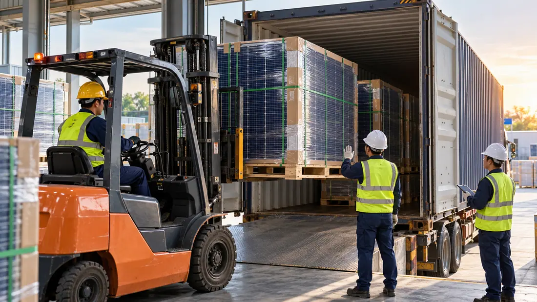 Protected pallets of solar modules being loaded into a shipping container