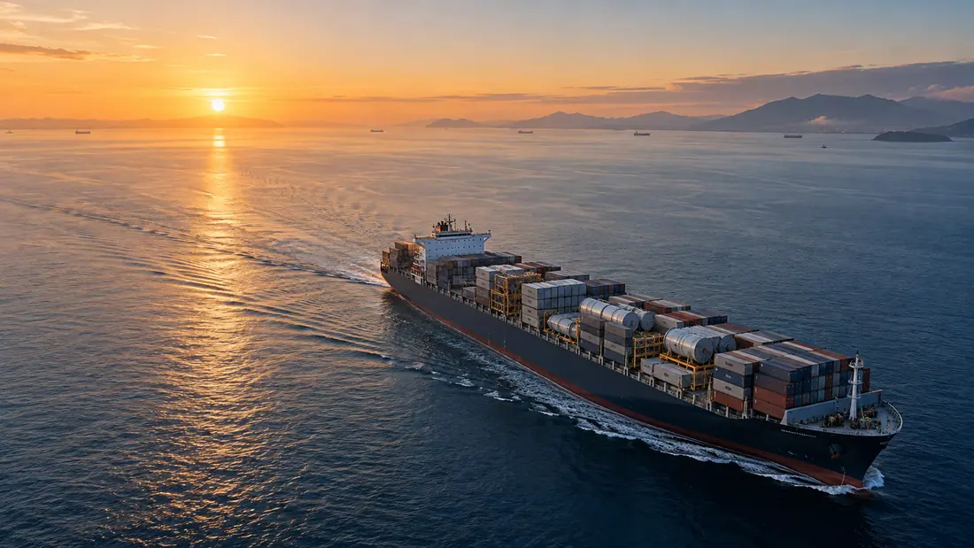 Cargo vessel carrying energy equipment across calm water at sunrise