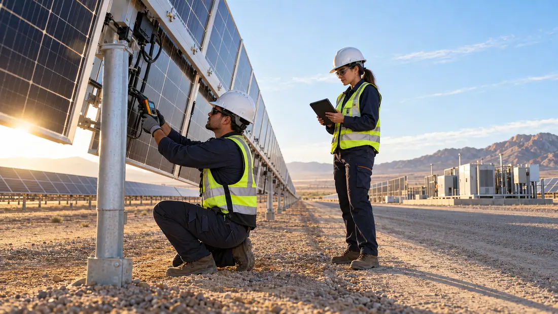 Solar engineers inspecting a bifacial module installation at a desert project