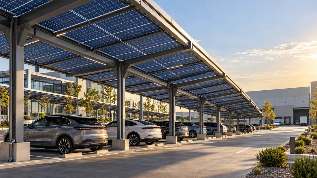 Photovoltaic carport canopies at a commercial and industrial campus