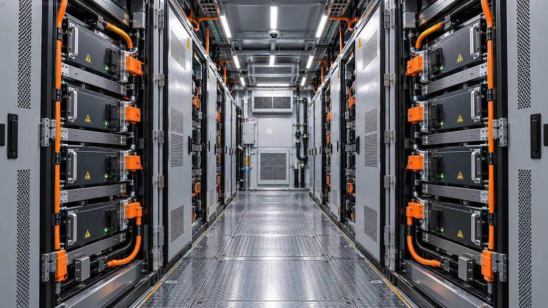 Service aisle between enclosed LFP battery racks with high-voltage cabling