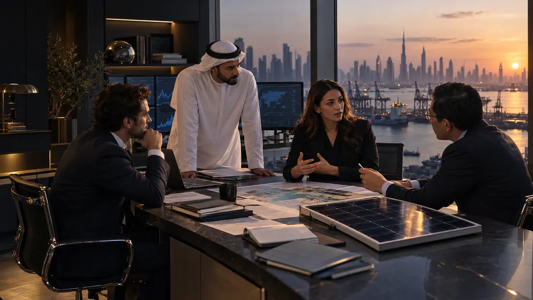 A team discussing solar supply and international logistics around a table